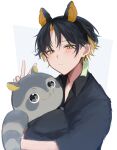  1boy absurdres animal_ears black_hair black_shirt blonde_hair blush collared_shirt colored_inner_hair earrings highres holostars jewelry kotatsu_(yatogami_fuma) looking_at_viewer male_focus mg_ytm multicolored_hair raccoon raccoon_boy raccoon_ears shirt short_hair slit_pupils solo upper_body v virtual_youtuber white_background yatogami_fuma yellow_eyes 