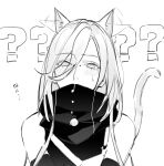  1girl ? ?? afterimage animal_ears bare_shoulders blush bridge_piercing cat_ears cat_girl cat_tail commentary_request greyscale high_collar highres kemonomimi_mode looking_at_viewer monochrome nose_piercing nox_(path_to_nowhere) path_to_nowhere piercing solo sweat tail toho10min upper_body 