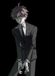  1boy absurdres ahoge black_background black_jacket black_necktie black_pants black_suit blood blood_from_mouth bound bound_wrists brown_hair closed_mouth coattails collared_jacket collared_shirt cowboy_shot cuffs danganronpa_(series) danganronpa_3_(anime) fingernails furrowed_brow handcuffs highres jacket layered_sleeves light_frown long_sleeves looking_at_viewer male_focus mimulishizi naegi_makoto necktie pants pocket shirt short_hair simple_background solo suit white_shirt 