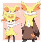  2girls :3 animal_ear_fluff animal_ears braixen branch closed_mouth commentary_request delphox evolutionary_line fennekin fox_ears fox_girl fox_tail full_body furry furry_female highres holding holding_stick lets0020 looking_at_viewer multiple_girls navel neck_fur open_mouth orange_eyes pink_background pointing pokemon pokemon_(creature) simple_background smile standing stick tail two-tone_background v-shaped_eyebrows white_background 