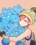 1boy azurill backpack bag beanie black_gloves closed_eyes closed_mouth fingerless_gloves florian_(pokemon) gloves hat holding holding_pokemon looking_at_viewer male_focus open_mouth pink_background pink_eyes pink_hair pokemon pokemon_(creature) pokemon_sv pom_pom_(clothes) pom_pom_beanie redhead simple_background tank_top tibbar upper_body 