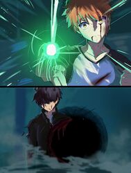  2boys absurdres black_hair black_jacket blood blood_on_face character_request dust energy fate_(series) fujimaru_ritsuka_(male) gojou's_imaginary_technique highres hole_in_wall jacket jujutsu_kaisen light multiple_boys orange_hair scene_reference shirt shokobr short_hair two-tone_shirt yellow_eyes 