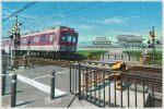  architecture blue_sky bollard boom_barrier commentary_request day east_asian_architecture fence mugumo_24k nara_(city) no_humans original outdoors power_lines railroad_crossing railroad_tracks revision road scenery sky train 