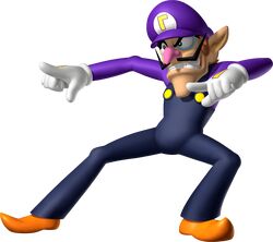  1boy 3d absurdres arms_up big_nose blue_eyes blue_overalls brown_hair buttons cabbie_hat clothes_writing facial_hair full_body gloves grin happy hat highres leaning_to_the_side long_sleeves looking_to_the_side male_focus mario_party mario_party_ds mustache official_art orange_footwear overalls pointing pointy_ears pointy_footwear purple_hat purple_shirt raised_eyebrow shirt shoes short_hair simple_background smile solo spread_legs standing super_mario_bros. teeth third-party_source transparent_background waluigi white_gloves 