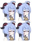  1girl ahoge bare_shoulders bell black_horns blue_hair closed_mouth commentary_request curled_horns dot_nose expressions ganyu_(genshin_impact) genshin_impact hair_between_eyes half-closed_eyes highres horns looking_ahead multiple_views neck_bell open_mouth sidelocks simple_background sleepy squinting v-shaped_eyebrows violet_eyes white_background zenshin 