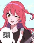  1girl black_shirt bloom_into_me15 blue_background blush bocchi_the_rock! guitar highres holding holding_guitar holding_instrument instrument kessoku_band_t-shirt kita_ikuyo long_hair looking_at_viewer one_eye_closed one_side_up open_mouth qr_code redhead shirt short_sleeves shoulder_strap smile solo speech_bubble spoken_symbol star_(symbol) sweat upper_body yellow_eyes 