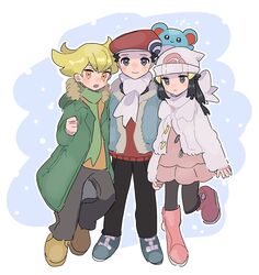  1girl 2boys alternate_costume barry_(pokemon) beanie beret black_hair black_pants blonde_hair boots closed_mouth coat eneko_(olavcnkrpucl16a) fur-trimmed_jacket fur_trim green_coat green_scarf grey_pants hair_ornament hairclip hat highres hikari_(pokemon) jacket long_hair lucas_(pokemon) marill multiple_boys open_clothes open_coat orange_shirt pants pantyhose pink_footwear pointy_hair pokemon pokemon_(creature) pokemon_dppt pokemon_platinum red_hat red_sweater scarf shirt shoes sidelocks sweater white_hat white_scarf 