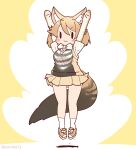  1girl animal_ears arms_up black-backed_jackal_(kemono_friends) bow bowtie brown_hair cardigan coroha elbow_gloves extra_ears full_body gloves jackal_ears jackal_girl jackal_tail jumping kemono_friends looking_at_viewer shirt shoes short_hair simple_background skirt socks solo tail yellow_background 