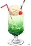  absurdres cherry cup drinking_glass drinking_straw food food_focus fruit hakuurei_amano highres ice_cream ice_cream_float melon_soda no_humans original signature simple_background spoon white_background 