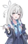  1girl bag_(chrko_bag) black_necktie blue_archive blue_shirt blue_skirt blush closed_eyes collared_shirt cup grey_eyes grey_hair grey_halo grey_jacket hair_between_eyes halo hawaiian_shirt highres holding holding_cup jacket konoka_(blue_archive) long_hair long_sleeves looking_at_viewer mask mask_pull mouth_mask necktie open_clothes open_jacket open_mouth pleated_skirt shirt simple_background skirt smile solo white_background white_mask 
