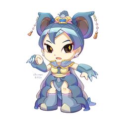  1girl animal_ears blue_footwear blue_gloves blue_hair brown_eyes chibi chibi_only chiuanzhang earrings eyelashes fake_animal_ears fake_claws full_body gloves jewelry looking_at_viewer nidoqueen open_mouth pearl_earrings personification pokemon short_hair signature simple_background solo standing tail white_background 