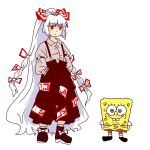  1boy 1girl blue_eyes bow buck_teeth closed_mouth collared_shirt fujiwara_no_mokou full_body grey_shirt hair_bow hands_in_pockets highres long_hair looking_at_another ofuda ofuda_on_clothes own_hands_together pants photo-referenced primary_dragon red_pants shirt simple_background spongebob_squarepants spongebob_squarepants_(series) standing teeth touhou very_long_hair white_background 