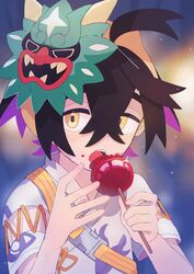  1boy black_hair candy_apple commentary_request crossed_bangs eating food food_on_face hair_between_eyes hairband highres holding holding_food japanese_clothes kieran_(pokemon) male_focus mask mask_on_head open_mouth pokemon pokemon_sv purple_hair short_sleeves solo taya_tarou upper_body yellow_eyes yellow_hairband 