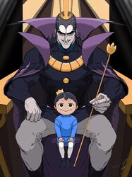  2boys aquiline_nose black_eyes black_hair bojji child colored_skin desha_(ousama_ranking) facial_hair feet_out_of_frame frown grey_skin highres huge_eyebrows king looking_at_viewer male_focus medium_hair mullet multiple_boys muscular muscular_male mustache ousama_ranking pants pencil_mustache royal_robe sanpaku sashimi_oran sharp_teeth sitting size_difference teeth throne 