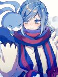  1boy altaria blonde_hair blue_eyes blue_hair blue_mittens blush closed_eyes closed_mouth grusha_(pokemon) highres jacket light_blue_hair long_sleeves male_focus mittens multicolored_hair nekojiri pokemon pokemon_(creature) pokemon_sv scarf simple_background two-tone_scarf upper_body white_background yellow_jacket 