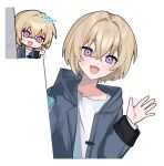  1boy aged_down aqua_eyes aventurine_(honkai:_star_rail) blonde_hair child grey_hood grey_jacket hair_between_eyes hand_up highres honkai:_star_rail honkai:_star_rail_sticker_redraw_(meme) honkai_(series) hood hooded_jacket jacket long_sleeves male_focus meme multicolored_eyes oguma_000 open_mouth pink_eyes shirt short_hair solo white_shirt 