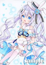  1girl :d \||/ alternate_costume alternate_hair_length alternate_hairstyle animal_ears bare_shoulders blue_eyes blue_flower blue_hair blush blush_stickers bright_pupils commentary crown dress fake_animal_ears feet_out_of_frame floating_hair flower gloves gochuumon_wa_usagi_desu_ka? hair_between_eyes hair_flower hair_ornament hair_ribbon happy hat highres kafuu_chino light_blue_hair light_particles long_hair looking_at_viewer marker_(medium) off-shoulder_dress off_shoulder open_mouth rabbit_ears ribbon sample_watermark sidelocks simple_background sitting smile solo thigh-highs tippy_(gochiusa) traditional_media twintails very_long_hair watermark white_background white_dress white_gloves white_hat white_thighhighs x_hair_ornament yuiki_(cube) 