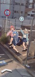  3girls a-pose absurdres ahoge alternate_costume animal_ears arms_up backpack bag blue_bag blue_bow blue_bowtie blue_cardigan blue_eyes blue_hair blue_necktie blue_skirt blush bow bowtie braid brown_footwear cardigan chain-link_fence collared_shirt commentary_request crane_stance day double_fox_shadow_puppet felutiahime fence fox_ears fox_girl fox_shadow_puppet fox_tail full_body google_maps green_eyes green_ribbon grey_hair hair_between_eyes hair_ribbon high_school_girls_posing_for_google_street_view_(meme) highres hololive hoshimachi_suisei leg_up loafers long_hair long_sleeves looking_at_viewer meme miniskirt multiple_girls necktie open_cardigan open_clothes open_mouth outdoors outstretched_arms photo_background pink_hair pink_sweater plaid plaid_skirt pleated_skirt ribbon sakura_miko school_uniform shirakami_fubuki shirt shoes sidelocks sidewalk skirt smile socks standing standing_on_one_leg star_(symbol) star_in_eye sweater symbol_in_eye tactile_paving tail v virtual_youtuber white_shirt white_socks 