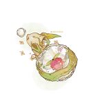  animal_focus brown_eyes bubble commentary creature food from_above from_behind fruit highres hightguy holding leaf leafeon no_humans peach perspective pokemon prehensile_tail signature sitting symbol-only_commentary tail 