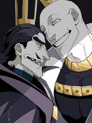  2boys aquiline_nose bald black_eyes black_hair character_request colored_skin desha_(ousama_ranking) evil_smile facial_hair grey_skin highres huge_eyebrows large_pectorals male_focus medium_hair mullet multiple_boys muscular muscular_male mustache ousama_ranking pectorals pencil_mustache profile sanpaku sashimi_oran sharp_teeth smile smug teeth upper_body 