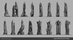  building caldari_state_(eve_online) commentary company_name concept_art dated dust_514 eve_online glowing greyscale highres monochrome no_humans official_art radio_antenna science_fiction skyscraper will_burns 