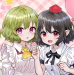  2girls :d :o ama-tou apron ascot balloon black_bow black_hair bow breasts collared_shirt commentary_request dress_shirt food frilled_apron frilled_ascot frills green_hair hand_up hat holding holding_balloon holding_food kazami_yuuka looking_at_viewer lowres medium_breasts mini_hat multiple_girls parted_lips plaid plaid_background pointy_ears red_eyes red_hat red_vest shameimaru_aya shirt smile tokin_hat touhou upper_body vest violet_eyes white_apron white_shirt yellow_ascot 