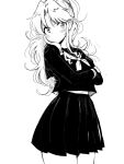  1girl blush botan_(yu_yu_hakusho) closed_mouth greyscale kajino_(aosansai) long_hair long_sleeves looking_at_viewer monochrome navel pleated_skirt ponytail school_uniform simple_background skirt solo white_background yu_yu_hakusho 