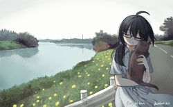  1girl absurdres ahoge animal black_hair closed_eyes closed_mouth collared_dress commentary_request commission commissioner_name day dot_nose dress facing_viewer flower grass grey-framed_eyewear grey_scrunchie guard_rail hair_ornament hair_scrunchie hands_up highres hill holding holding_animal light_blush long_hair low_twintails original otter outdoors pinstripe_dress pinstripe_pattern road scrunchie second-party_source semi-rimless_eyewear short_sleeves signature skeb_commission solo translation_request twintails under-rim_eyewear utility_pole water white_dress yellow_flower zinbei 
