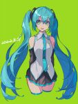  1girl 2022 arms_behind_back blue_eyes blue_hair green_background hatsune_miku highres long_hair looking_at_viewer miyatoshinya necktie simple_background skirt solo tattoo twintails vocaloid 