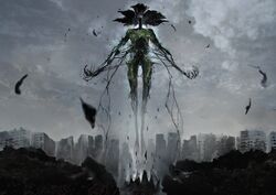  aura building debris destruction facing_viewer floating flower_head giant giant_monster grey_sky highres kohata_(kohatazuke) levitation monster monster_focus moss outstretched_arms plant_roots ribs skinny sky skyline 