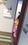  animal animal_ears bathroom blue_eyes espeon forehead_jewel incense indoors jolteon looking_at_viewer nagasaki_wonderful one_eye_closed open_door pokemon pokemon_(creature) purple_fur standing violet_eyes white_fur yellow_fur 