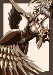  1girl absurdres black_dress blunt_bangs border brown_border dress feathers fire_emblem fire_emblem_heroes grey_hair highres looking_at_viewer low_wings open_mouth outside_border red_eyes short_hair solo to_(tototo_tk) veronica_(fire_emblem) veronica_(princess_rising)_(fire_emblem) white_background wings 