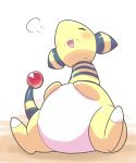  :3 ampharos blush closed_eyes food food_on_face full_stomach hands_on_own_stomach highres nanahoshi_(wadorigi) no_humans open_mouth pokemon pokemon_(creature) puff_of_air sitting smile 