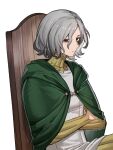  1boy bags_under_eyes bamu_(bamu0504) black_eyes cloak dungeon_meshi elf gorget green_cloak grey_hair highres lazy_eye long_sleeves looking_at_viewer male_focus mithrun pointy_ears short_hair simple_background solo tunic uneven_eyes white_background 