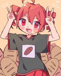  1girl ahoge arms_up baguette black_t-shirt blush_stickers bread commentary double_v drill_hair fang food kasane_teto looking_at_viewer open_mouth pink_eyes pink_hair shirt short_sleeves smile solo t-shirt twin_drills utau v yellow_background yuusuke-kun 