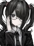  1girl adjusting_eyewear ame-chan_(needy_girl_overdose) black-framed_eyewear black_eyes black_hair black_jacket black_necktie chan8016 collared_shirt expressionless glasses hair_ornament hair_over_one_eye hand_up highres jacket long_sleeves looking_at_viewer necktie needy_girl_overdose one_eye_covered open_clothes open_jacket parted_lips semi-rimless_eyewear shirt solo twintails under-rim_eyewear upper_body white_shirt x_hair_ornament 