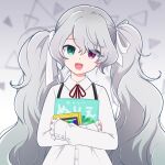  1girl 25-ji_miku blue_eyes grey_hair hatsune_miku heterochromia highres long_hair long_sleeves looking_at_viewer neck_ribbon omochi_popo open_mouth project_sekai red_ribbon ribbon shirt smile solo twintails very_long_hair vocaloid 