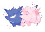  absurdres artist_name clefable closed_eyes colored_skin gengar grin hideko_(l33l3b) highres igglybuff no_humans open_mouth pink_skin pokemon pokemon_(creature) purple_skin signature simple_background smile teeth white_background 