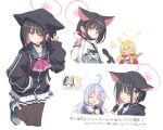  4girls ahoge animal_ears black_hair black_jacket black_pantyhose blonde_hair blue_archive blush cat_ears closed_eyes closed_mouth colored_inner_hair extra_ears grey_hair hair_ornament halo highres holding holding_microphone hood hood_down hood_up hooded_jacket jacket kazusa_(band)_(blue_archive) kazusa_(blue_archive) long_hair long_sleeves microphone multicolored_hair multiple_girls music official_alternate_costume open_clothes open_jacket open_mouth pantyhose pink_hair pink_halo pleated_skirt purple_hair purple_halo red_eyes red_jacket reisa_(blue_archive) sailor_collar sakurako_(blue_archive) satou_kibi shirt shoes short_hair short_sleeves simple_background singing skirt smile star_(symbol) star_hair_ornament translation_request twintails white_background white_sailor_collar white_shirt white_skirt yellow_halo yoshimi_(band)_(blue_archive) yoshimi_(blue_archive) 