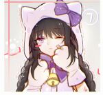  1girl akemi_homura alternate_costume animal_costume animal_ear_hood animal_ears animal_hands bai_qi-qsr bandaid bandaid_on_cheek bandaid_on_face bell black_hair blush_stickers border bow bowtie braid cat_costume cat_ears closed_mouth commentary_request fake_animal_ears gloves grey_background hand_on_own_cheek hand_on_own_face hood hood_up hooded_shirt light_frown long_hair looking_at_viewer low_twin_braids mahou_shoujo_madoka_magica mahou_shoujo_madoka_magica_(anime) neck_bell one_eye_closed paw_gloves purple_bow purple_bowtie purple_gloves purple_hood purple_shirt shirt simple_background single_blush_sticker solo trembling twin_braids upper_body very_long_hair violet_eyes white_border 