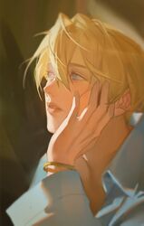  1boy bishounen blonde_hair blue_eyes blue_shirt bracelet dimitri_alexandre_blaiddyd fire_emblem fire_emblem:_three_houses gold_bracelet hair_between_eyes hand_on_own_face highres imagining jewelry long_eyelashes long_sleeves looking_up male_focus parted_lips popokakaka profile shirt sunlight upper_body 