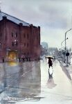  6+others building city cityscape day grey_sky holding holding_umbrella lamppost multiple_others nara_watercolor original painting_(medium) reflective_floor road scenery shadow sky street traditional_media umbrella watercolor_(medium) 