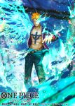  1boy abs anchor_tattoo blonde_hair blue_fire blue_pants blue_sash commentary_request copyright_name fire long_sleeves looking_at_viewer male_focus marco_(one_piece) official_art one_piece one_piece_card_game open_clothes open_shirt otsumami_(bu-bu-heaven) pants purple_shirt sash shirt short_hair solo tattoo wings 
