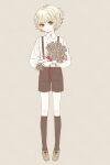  1boy black_shorts black_socks blonde_hair bouquet buttons collared_shirt eleanor_(ohmyeleanor) english_commentary full_body green_footwear highres holding holding_bouquet light_blush looking_at_viewer male_focus original red_ribbon ribbon sepia_background shirt short_hair shorts simple_background smile socks solo standing suspenders victorian white_shirt yellow_eyes 