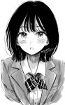  1girl :o artist_name blazer blush buttons collared_shirt commentary_request dated grey_background greyscale jacket looking_at_viewer medium_hair monochrome neckerchief open_mouth original plaid_neckerchief school_uniform shirt signature simple_background solo split_mouth sugano_manami upper_body 