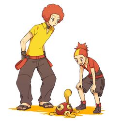  afro aloe28 blonde_hair buck_(pokemon) collared_shirt flint_(pokemon) hands_on_own_knees male_focus multicolored_hair pokemon pokemon_dppt pokemon_platinum red_shirt redhead sandals shirt shuckle simple_background two-tone_hair white_background yellow_shirt 