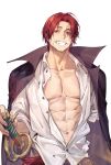  1boy abs black_jacket clenched_teeth collared_shirt dated facial_hair grin highres jacket jacket_on_shoulders jyukawa looking_at_viewer male_focus missing_limb navel one_piece open_clothes open_jacket red_eyes redhead scar scar_across_eye shanks_(one_piece) shirt simple_background smile solo stubble sword teeth toned toned_male unbuttoned unbuttoned_shirt upper_body weapon white_background white_shirt 