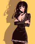  1girl black_dress black_hair blunt_bangs commentary crossed_arms dress long_hair long_sleeves moshimoshibe nico_robin one_piece shadow smile solo yellow_background 