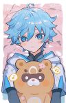  1boy 1other ahoge artist_name blue_hair blush border chongyun_(genshin_impact) commentary english_commentary frown genshin_impact highres hood hoodie musical_note nopnop_chan pokemon pokemon_(creature) upper_body white_border 