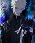  1boy black_gloves blue_eyes closed_mouth coat devil_may_cry_(series) devil_may_cry_5 fingerless_gloves gloves glowing glowing_eyes hair_slicked_back highres holding holding_sword holding_weapon katana looking_at_viewer male_focus pale_skin sd2190392804 solo sword vergil_(devil_may_cry) weapon white_hair yamato_(sword) 